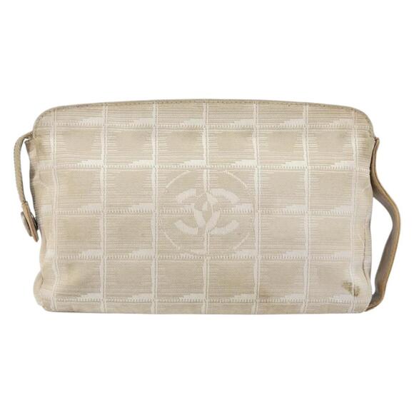 CHANEL New Travel Line Pouch Nylon Beige CC Auth 148196